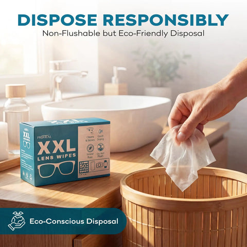 Big Lens Wipes 50 Count For Glasses, Watches, Screens And More Clean Smudge Free With Quick Dry Isopropyl Alcohol Streak Free Shine Wipes 9.8 By 6.7 Inch For Lenses And Displays box with wipe disposed in bin