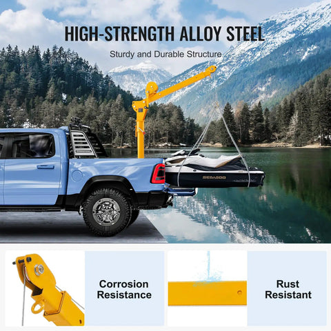 Pickup Truck Bed Crane With 1100 Lb Manual Winch Folding Jib Hoist Steel Construction 360 Degree Swivel lifting a boat