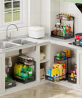 No Sweat Heavy Duty Under Sink Organizer Two Pack L Shaped Metal Pull Out Drawers For Kitchen Cabinets organizing cleaning supplies.