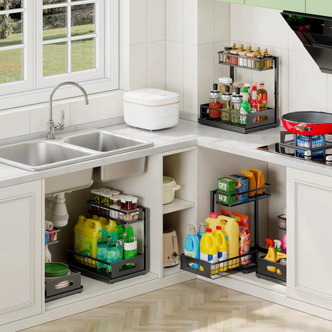 No Sweat Heavy Duty Under Sink Organizer Two Pack L Shaped Metal Pull Out Drawers For Kitchen Cabinets organizing cleaning supplies.
