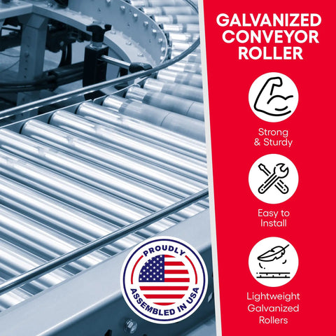 Heavy Duty Galvanized Steel Conveyor Rollers 1.5 Inch Diameter, 16 Inch Between Frames, 18 Gauge, Replacement Parts for Garages