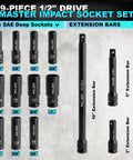 One Half Inch Drive Impact Socket Set, Beefy 29 Pieces With SAE Eighths To One Inch And Metric Ten To Twenty Four Millimeter Sizes, displayed with extension bars