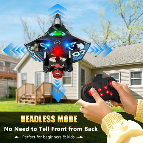Remote Control RC Airplane With Spray Effect And LED Lights flying in backyard, foam fighter jet with controller in hand.