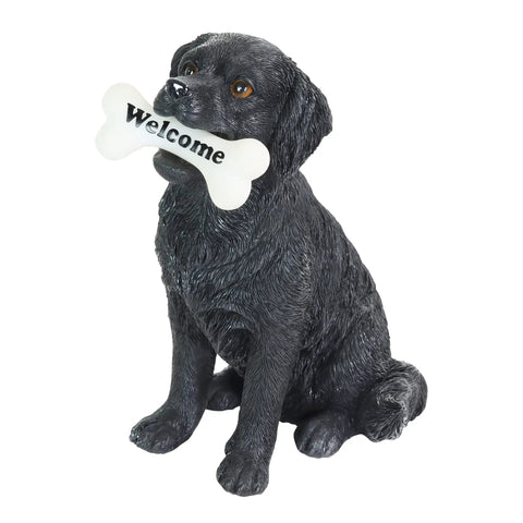 Solar Black Labrador Dog Garden Statue With LED Bone Welcome Sign, Outdoor Resin Yard Decor, 7.5 by 13 Inch
