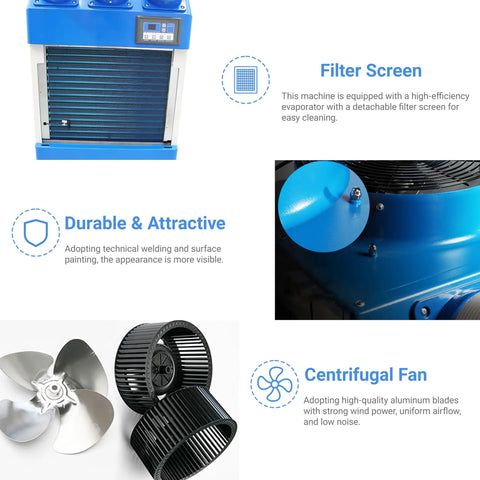Badass Heavy Duty Spot Cooler 22178 BTU 220V Portable Air Conditioner with filter screen, aluminum fan components, and blue casing.