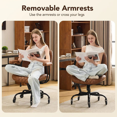 Ergonomic Home Office Desk Chair With Lumbar Support And Rubber Casters For All Day Comfort Smooth Glide Rolling Swivel Adjustable Height Executive Armrests Brown Leather with removable armrests, shown with a woman relaxing.