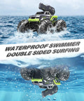 3-In-1 Amphibious RC Stunt Truck With Water Gun floating in ocean showcasing waterproof boat mode above and below water