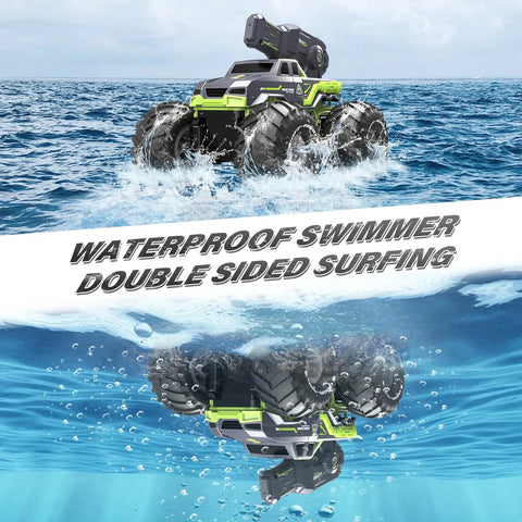 3-In-1 Amphibious RC Stunt Truck With Water Gun floating in ocean showcasing waterproof boat mode above and below water