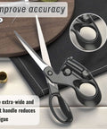 Front view of MXHLXRMP fabric scissors with black ergonomic handles and steel blades.