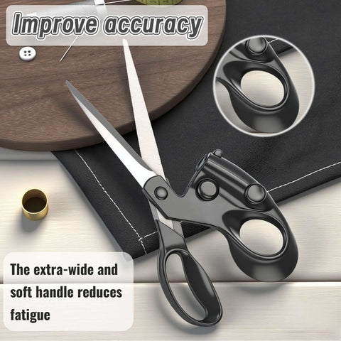 Front view of MXHLXRMP fabric scissors with black ergonomic handles and steel blades.