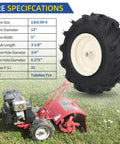 13x5.00-6 Tiller Tire And Wheel Kit Tubeless With 3/4 Inch Axle, 3-1/8 Inch Centered Hub next to red tiller.