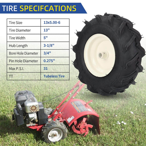 13x5.00-6 Tiller Tire And Wheel Kit Tubeless With 3/4 Inch Axle, 3-1/8 Inch Centered Hub next to red tiller.