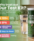 Comprehensive Drinking Water Test Kit With 120 Strips And Two Bacteria Checks For Tap Wells on display with glass of water.