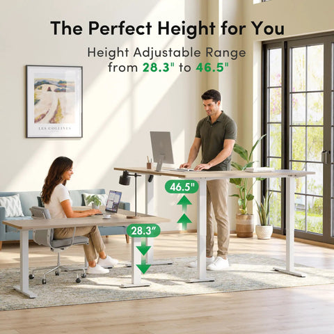 Dope Ergonomic L Shaped Standing Desk Adjustable Height Electric Sit Stand Corner Computer Workstation with adjustable height range.