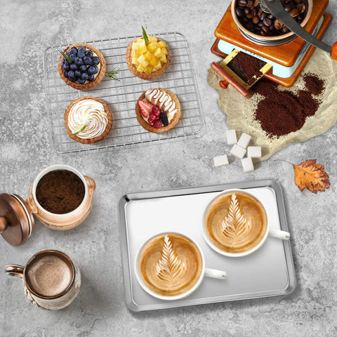 Stainless Steel Toaster Oven Pan With Rack Set Durable 9 Inch Baking Tray And Grid Cooling Rack With coffee and tarts on table