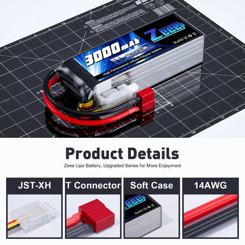 3S 11.1V 3000mAh 50C LiPo Battery With T Connector For RC Airplane Helicopter Car Truck Boat Drone FPV 2 Pack Soft Pack