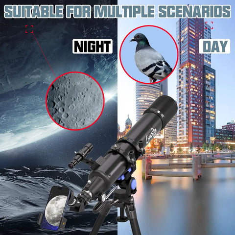 High Powered 90mm Refractor Telescope With 800mm Focal Length On Simple AZ Mount suitable for day and night viewing.