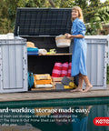 Woman organizing pool toys and garden gear in Store It Out Prime Outdoor Resin Storage Shed with Hydraulic Pistons