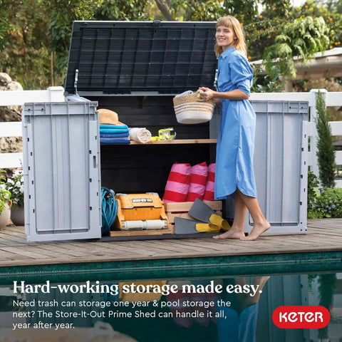Woman organizing pool toys and garden gear in Store It Out Prime Outdoor Resin Storage Shed with Hydraulic Pistons