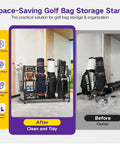 Before and after of All-In-One Golf Bag Storage Organizer On Wheels, 3-Tier Stand for clean and tidy golf gear storage.