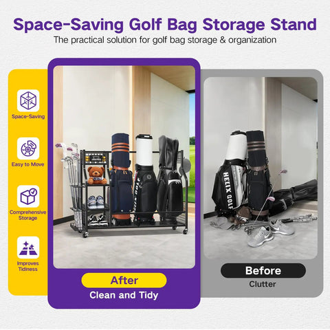 Before and after of All-In-One Golf Bag Storage Organizer On Wheels, 3-Tier Stand for clean and tidy golf gear storage.