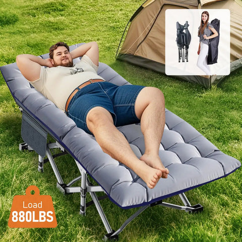 Foldable Camping Cot With Mattress Pad Portable Camp Bed for Outdoor Travel Beach Hiking and Office Use shows man relaxing