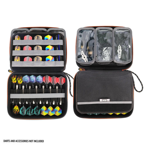 XL Dart Case With Locking Foam For On The Go Transport, semi hard shell, open view holding 15 darts, 15 flights, and 3 pouches