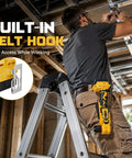 Cordless Right Angle Drill With Brushless Motor Compatible With Dewalt 20V Battery Delivering 400 Inch Pounds Torque stored on a belt hook.