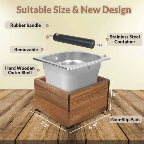 Pro Grade Espresso Knock Box With Large Capacity Non Slip Base Tamp Station And Shock Absorbent Design For Easy Pucks Disposal Perfect Coffee Grounds Receiver For Home Kitchen Or Small Coffee Bar Setup with 7.5-inch x 6.9-inch x 4-inch dimensions and stainless steel container.