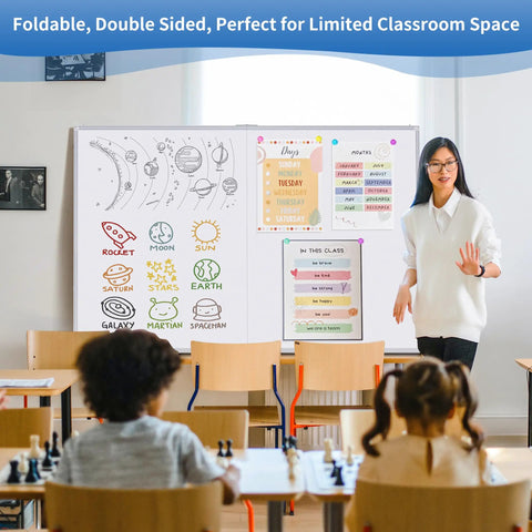 Classroom scene with teacher using 48x36 foldable dry erase whiteboard with aluminum frame, displaying teaching material.