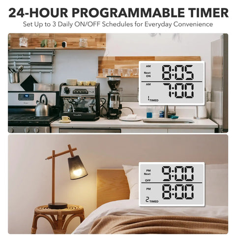 Digital Plug In Outlet Timer With Interval Repeat Cycle Offers Zero Fuss Setup And Rock Solid Reliability For Grow Lights Aquariums And Daily Home Automation Needs on kitchen counter and bedside table