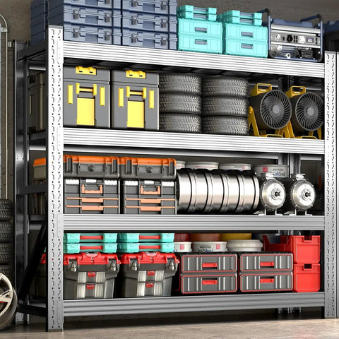 Heavy Duty Four Tier Steel Shelving Unit Measuring 59 By 59 By 24 Inches Boasting Six Thousand Four Hundred Pound Capacity For Rugged Garage Storage And Hassle Free Adjustable Rack Layout