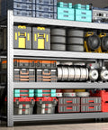 Workhorse Grade Heavy Duty 4 Tier Steel Shelving Rack With 6400 Pound Capacity And Totally Adjustable Shelves Engineered For Garage Workshop Or Commercial Warehouse Storage Organization filled with tools and storage containers.