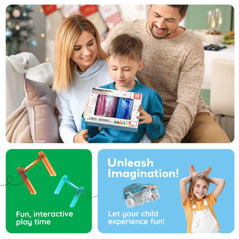 Family with child holding 12 Piece Magnetic Support Column Expansion Pack For Race Track And Marble Run Builders Magnetic Tile Set