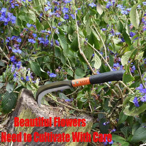 Weeding Sickle For Gardens And Lawns with sharp carbon steel blade and ergonomic grip, ideal for trimming around flowers and shrubs.