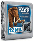 Heavy Duty 12x16 Foot Waterproof Poly Tarp With Grommets And Reinforced Edges, Multipurpose Cover, 12 Mil Thick, folded tarp with label