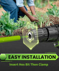 Close-up of heavy duty garden auger drill bit installation for planting with hex drive and planter tool in garden setting.