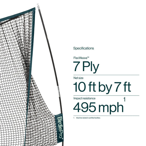 Pro Golf Practice Net 10 By 7 Feet Heavy Duty Hitting Net with FlexWeave, detailed material and size specifications displayed.