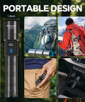 Triple Pack 10000 Lumen Rechargeable Flashlights With LCD Display shown in various outdoor and portable scenarios