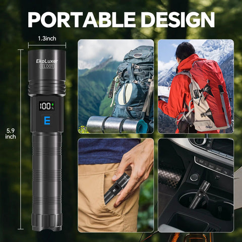 Triple Pack 10000 Lumen Rechargeable Flashlights With LCD Display shown in various outdoor and portable scenarios
