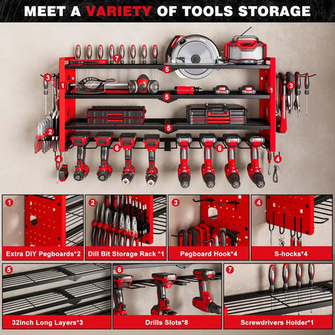 Power Tool Organizer Wall Mount For Workshop And Garage, 4 Layer Cordless Drill Organizer Rack With 3 Fixed And 1 Adjustable Layer, Large Capacity Tool Storage Holds Up To 8 Drills Red