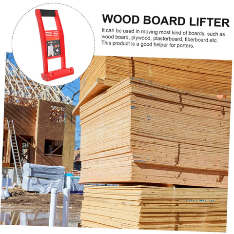 Heavy Duty Plasterboard Lifter With Non Slip Handles For Easy Drywall And Plywood Panel Handling Plus Ergonomic Design To Save Your Back From Labor among stacked plywood at a construction site.
