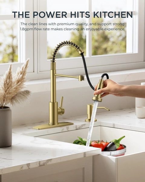 Gold Kitchen Faucet With Pull Down Sprayer, Stainless Steel Commercial Pro Grade Single Handle Spring Pull Down Sink Faucet For Pot Filler, Farmhouse Style For Kitchen, Camper, Bar And Laundry Room