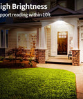 Front porch illuminated by Outdoor Solar Flood Light 6500K Cool White Dope Bright Light, Dusk to Dawn Security Spotlight, Waterproof, Auto Charge, 1200LM Illumination, Lights Up 40x40 Feet for Porch Patio Yard Garage, Easy Install, 1 Pack at night