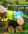 Cordless Mini Chainsaw With Dual 6 Inch And 8 Inch Guide Bars, 1000W Brushless Handheld Power Saw cutting through log