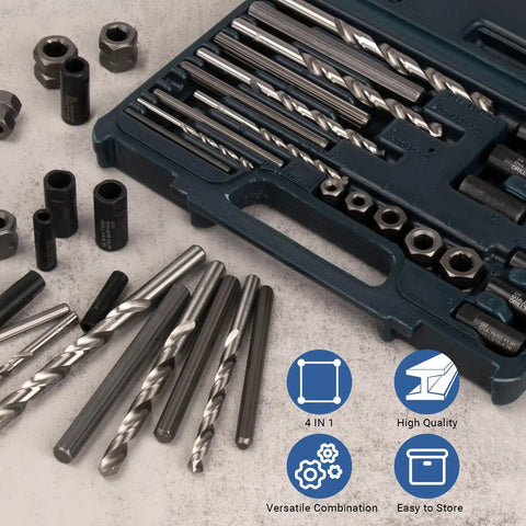 25 Piece Broken Bolt Extractor Set With Drill Bit Guides for Quick No Fuss Easy Out Removal of Stripped Damaged Bolts