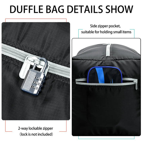 Close-up of Foldable 75L Duffel Bag For Travel, Lightweight 30 Inch Carry On, durable two way zippers, and one side zip pocket