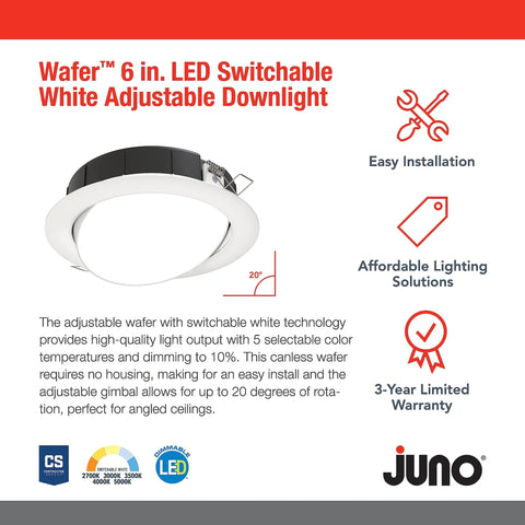 Sleek Six Inch Adjustable LED Recessed Wafer Downlight Featuring Five Tunable Color Temperatures Matte White Housing No Sweat Installation Ideal For Kitchens Showers And Commercial Spaces Top Shelf Durability