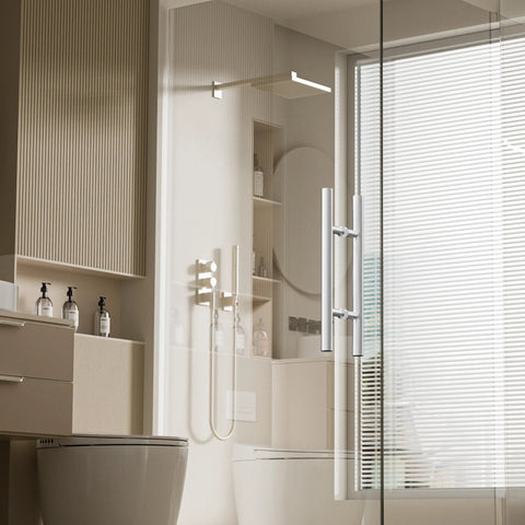 16 Inch Sliding Glass Shower Door Handle Back To Back Pull In SUS304 Stainless Steel Brushed Nickel Finish installed on shower door