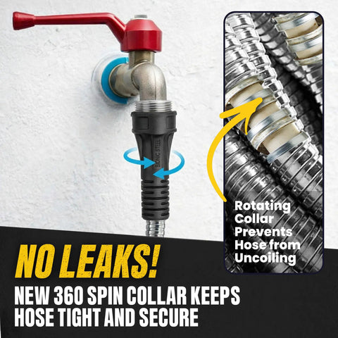 Heavy Duty 50 Ft Metal Garden Hose With Nozzle 304 Stainless Steel Construction Flexible And Lightweight Kink Free Brass Fittings 500 PSI Built For Tough Outdoor Watering attached to faucet with leak-proof spin collar